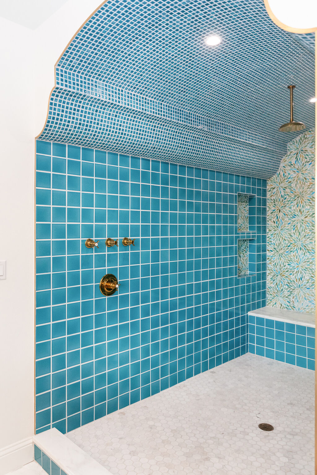 Tiki Blue Primary Bathroom Arched Shower Ceiling &… Fireclay Tile