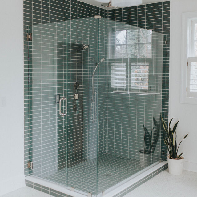 BlueGreen Shower Tile and Hexagon Floor Tile Bathroom Fireclay Tile