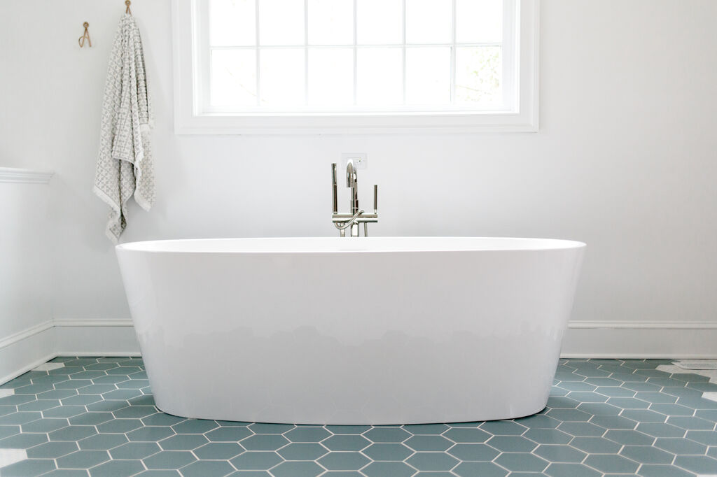 BlueGreen Shower Tile and Hexagon Floor Tile Bathroom Fireclay Tile