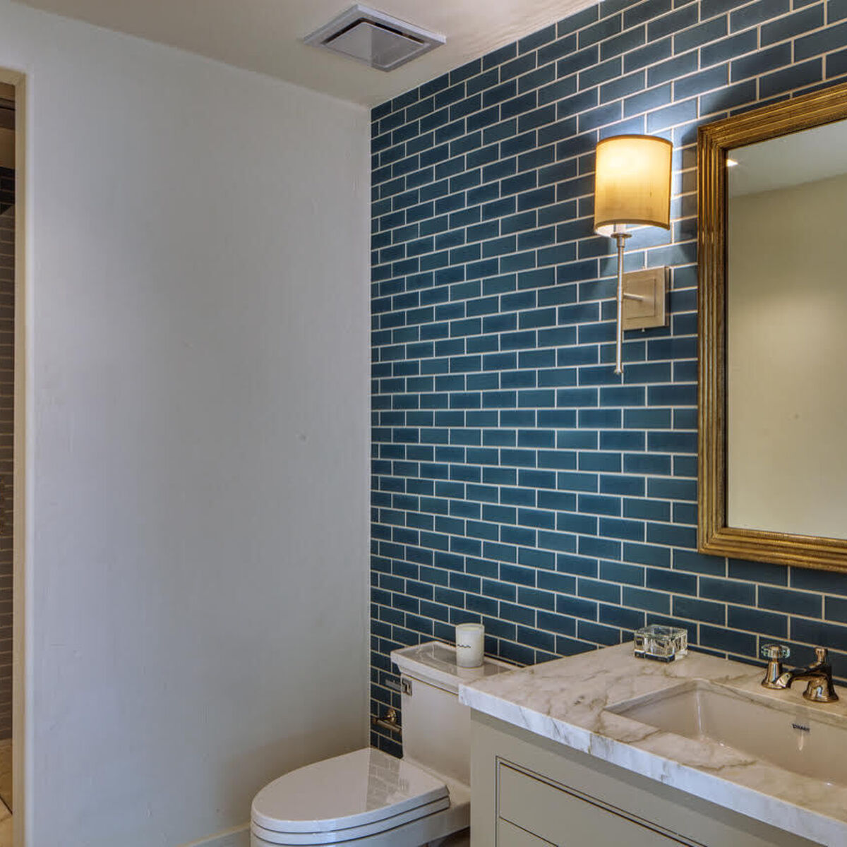 Caribbean Blue Bathroom Tile with Calcite Paseo Floor Fireclay Tile