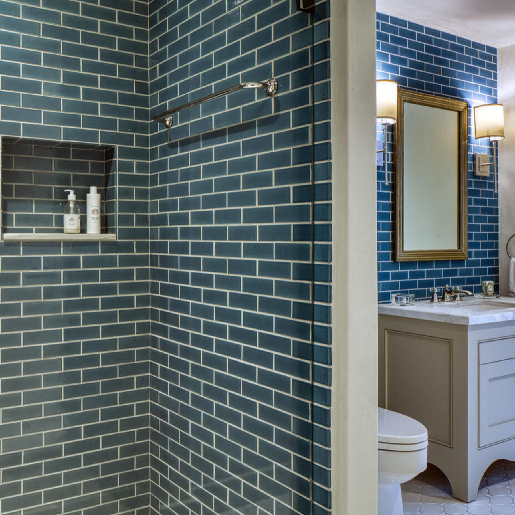 Caribbean Blue Bathroom Tile with Calcite Paseo Floor Fireclay Tile